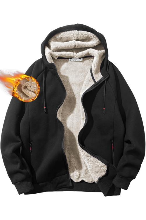 Erkek Ultra Termal Sherpa Astarlı Kapüşonlu Fermuarlı Cepli Kışlık Sweatshirt