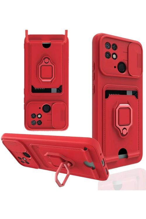 Xiaomi Redmi 10C Kılıf Zuma Kartvizitli Yüzüklü Silikon - Kırmızı-(5796)