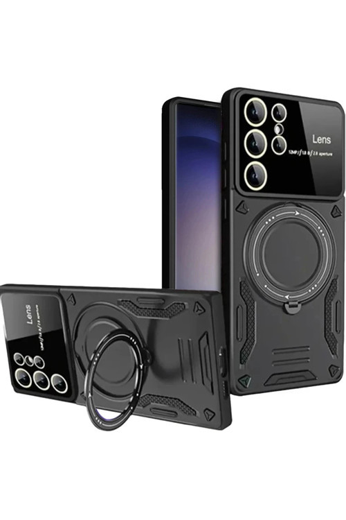 Samsung Galaxy S25 Ultra Kılıf Joy Lens Standlı Kapak - Siyah-(5796)