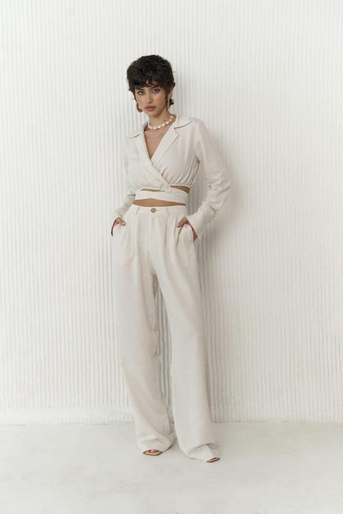 Estila Bej Crop Pantolon Takım