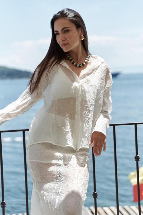 Sorcha Ekru Transparan Gömlek Etek Takım