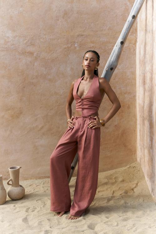 Lvdovila Tarçın Keten Crop Yelek Pantolon Takım