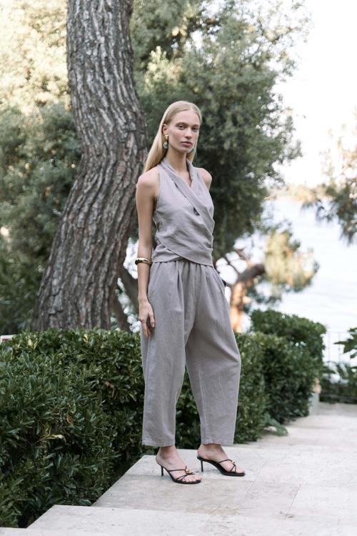 Struana Kruvaze Gri Crop Pantolon Takım