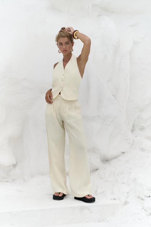 Dena Sırt Dekolteli Sarı Keten Yelek Pantolon Takım