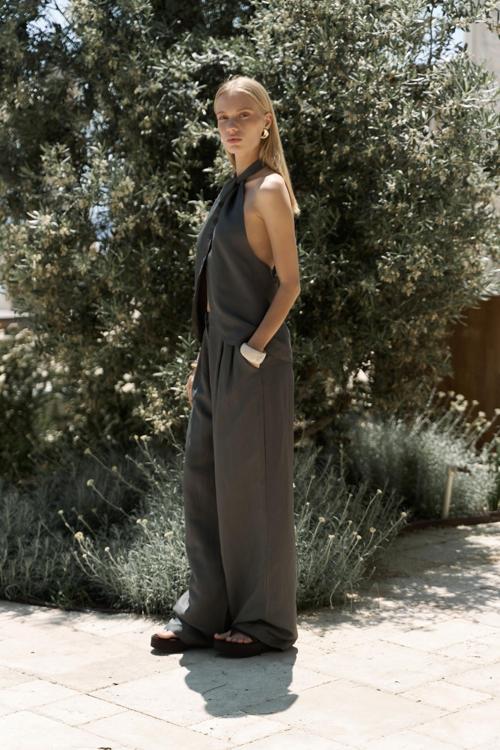 Prasetsah Bağlamalı Antrasit Crop Pantolon Takım