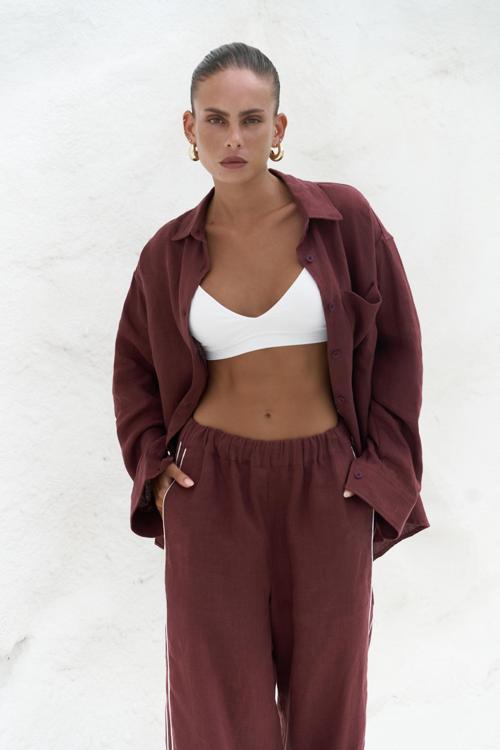 Orchidea Oversize Bordo Keten Gömlek Takım