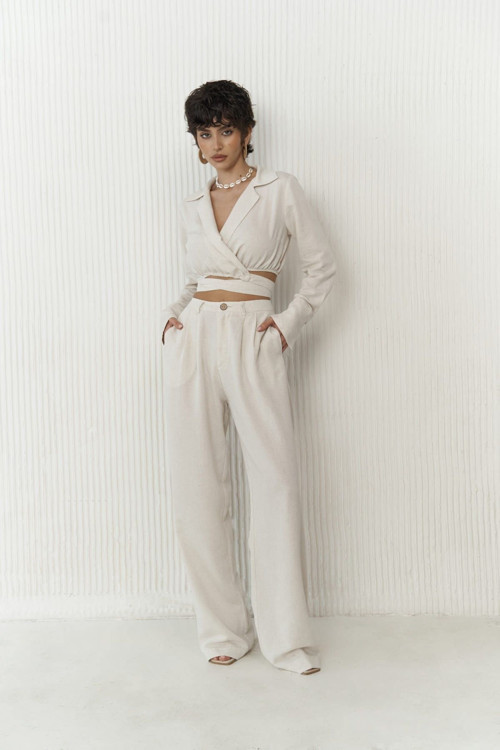 Estila Bej Crop Pantolon Takım
