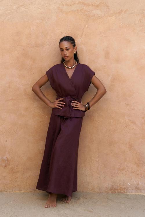 Fiametta Salaş Bordo Keten Yelek Etek Takım