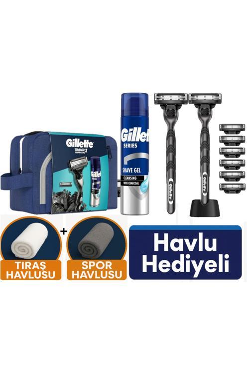 Mach3 Charcoal 2 Makine+ 8 Tıraş Bıçağı + Stand +200 Ml Jel +Çanta +Havlu Seti Hediye