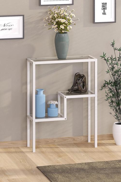 Modern Beyaz Renk Metal Iskeletli Temper Camlı Raflı Dresuar Konsol Çiçeklik Saksılık