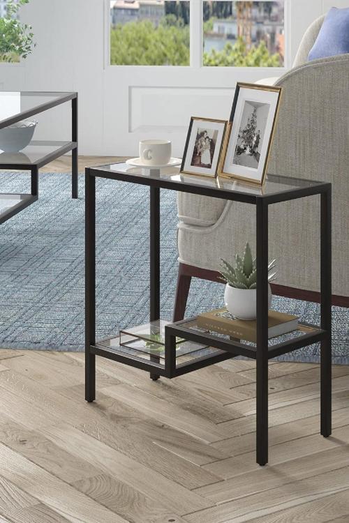 Siyah Renk Temper Camlı Yan Sehpa Metal İskeletli Komodin