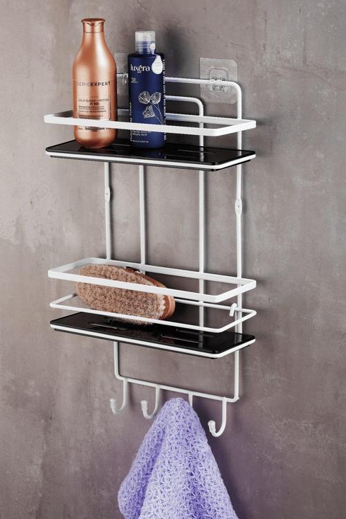 Yapışkanlı Ömür Boyu Paslanmaz Kristal Ayarlanabilir Raf Banyo Düzenleyici Şampuanlık Beyaz - SiyahL