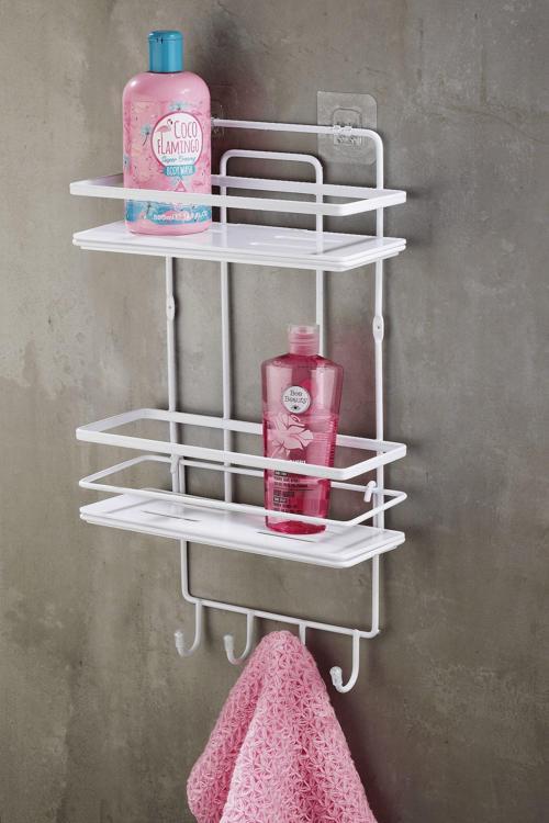 Yapışkanlı Ömür Boyu Paslanmaz Kristal Ayarlanabilir Raf Banyo Düzenleyici Şampuanlık Beyaz - Beyaz