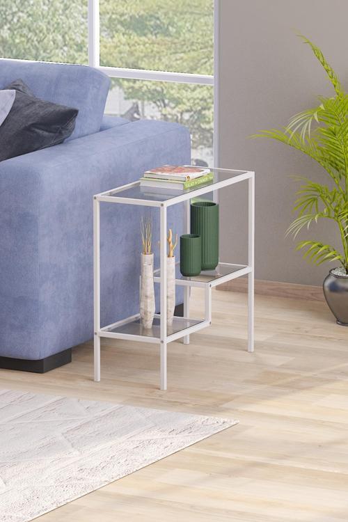 Beyaz Renk Temper Camlı Yan Sehpa Metal İskeletli Komodin
