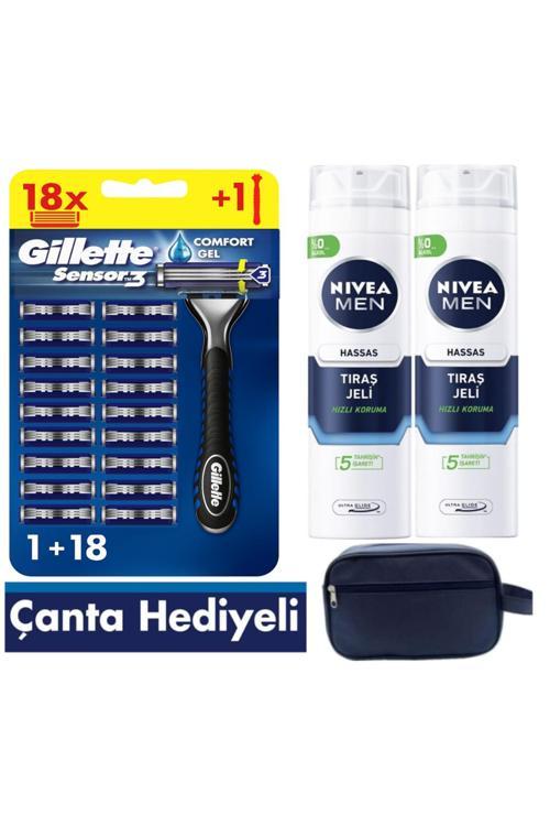 Sensor3 Tıraş Makinesi + 18 Yedek Tıraş Bıçağı+ 400 Ml Jel +Çanta