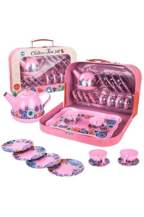 15 Parça Tepsili Çantalı Metal Evcilik Mutfak Eğitici Çocuk Oyuncak Çay Seti