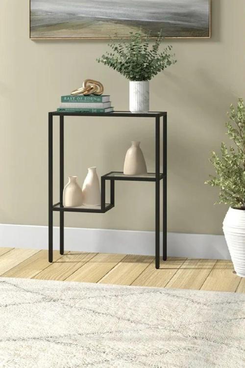 Modern Siyah Renk Metal İskeletli Temper Camlı Raflı Dresuar Konsol