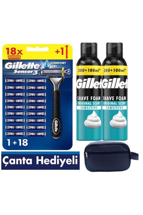 Sensor3 Tıraş Makinesi + 18 Yedek Tıraş Bıçağı+ 600 Ml Köpük +Çanta