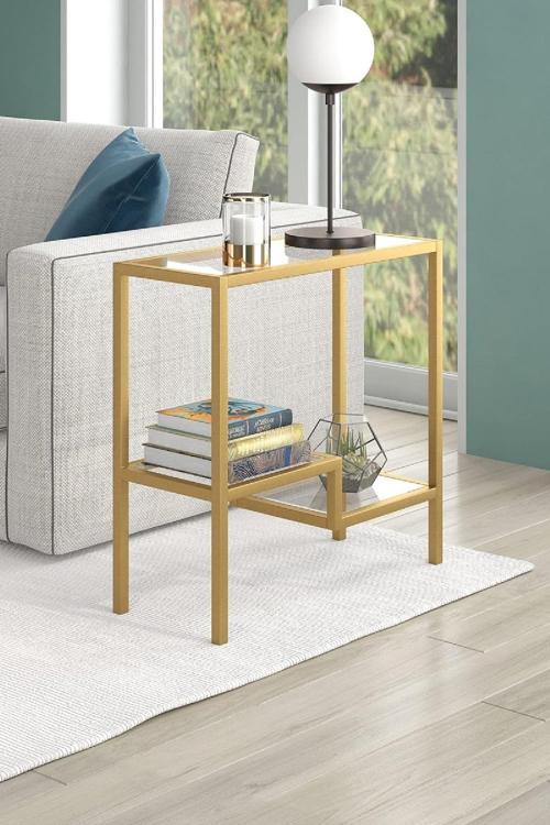 Gold Renk Temper Camlı Yan Sehpa Metal İskeletli Komodin