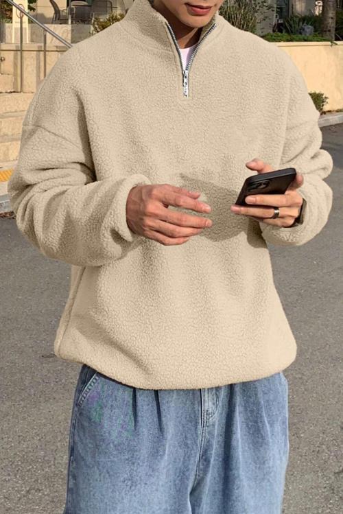 Erkek Ultra Isı Peluş Sherpa Oversize Yarım Metal Fermuar Lastik Ayarlı Polar Sweatshirt