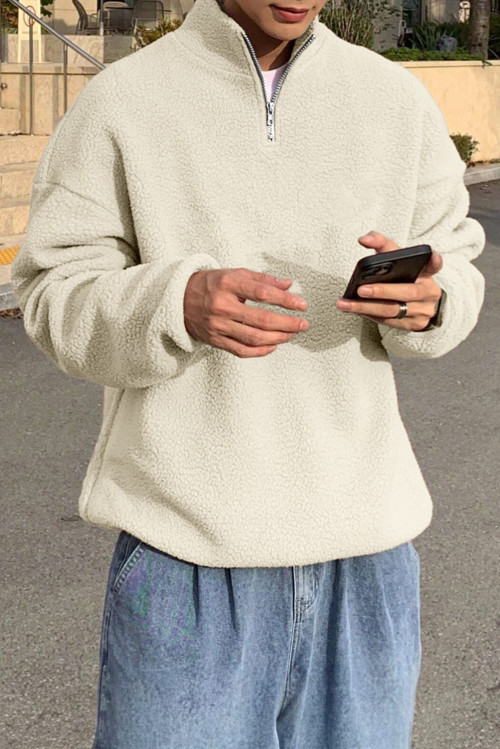 Erkek Ultra Isı Peluş Sherpa Oversize Yarım Metal Fermuar Lastik Ayarlı Polar Sweatshirt