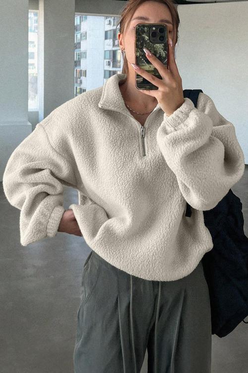Kadın Ultra Isı Peluş Sherpa Oversize Yarım Metal Fermuar Lastik Ayarlı Polar Sweatshirt