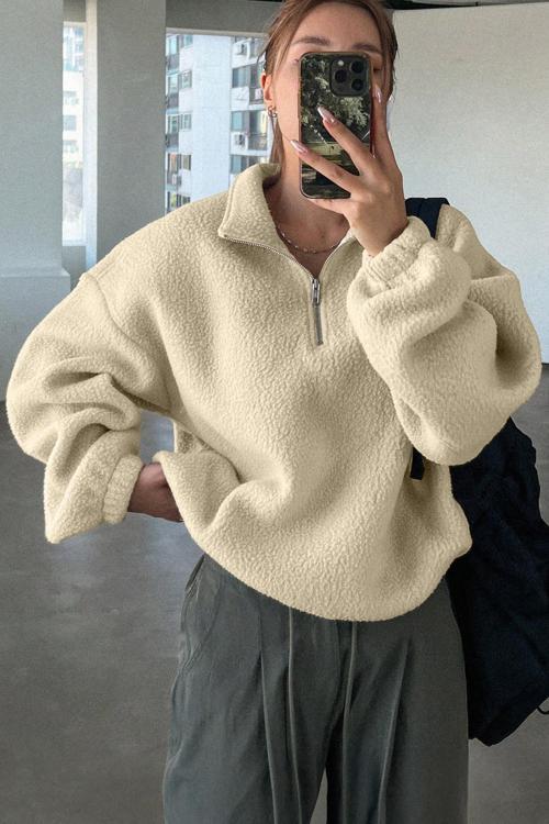Kadın Ultra Isı Peluş Sherpa Oversize Yarım Metal Fermuar Lastik Ayarlı Polar Sweatshirt