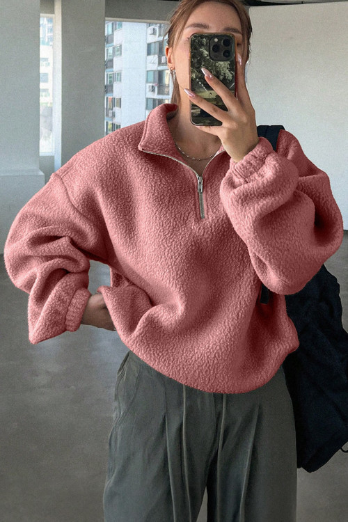 Kadın Ultra Isı Peluş Sherpa Oversize Yarım Metal Fermuar Lastik Ayarlı Polar Sweatshirt