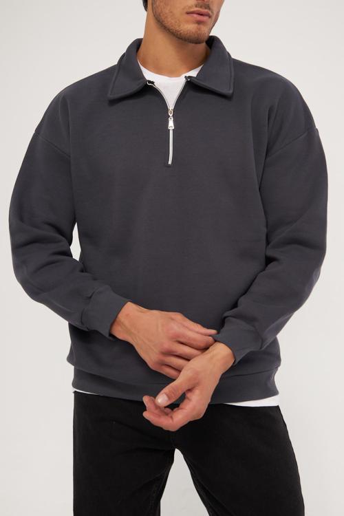 Erkek Polo Yaka Oversize Yarım Fermuarlı Sweatshirt