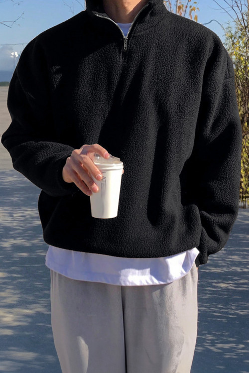 Erkek Ultra Isı Peluş Sherpa Oversize Yarım Metal Fermuar Lastik Ayarlı Polar Sweatshirt