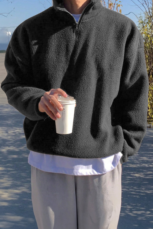 Erkek Ultra Isı Peluş Sherpa Oversize Yarım Metal Fermuar Lastik Ayarlı Polar Sweatshirt