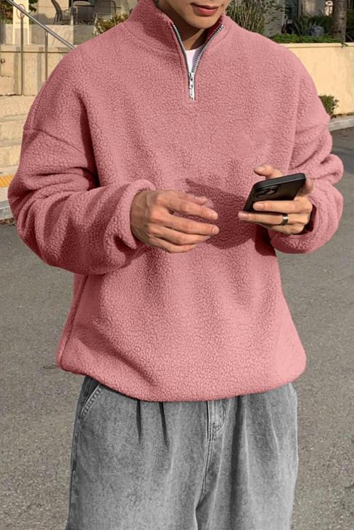 Erkek Ultra Isı Peluş Sherpa Oversize Yarım Metal Fermuar Lastik Ayarlı Polar Sweatshirt
