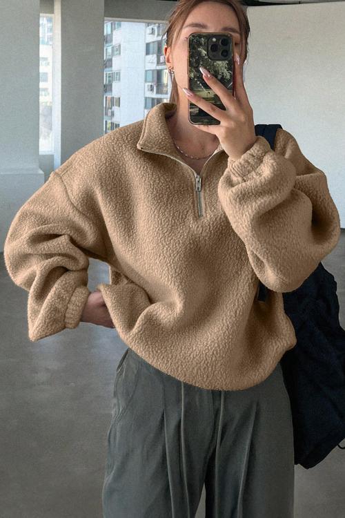 Kadın Ultra Isı Peluş Sherpa Oversize Yarım Metal Fermuar Lastik Ayarlı Polar Sweatshirt