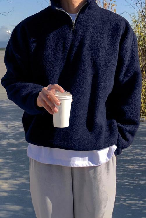 Erkek Ultra Isı Peluş Sherpa Oversize Yarım Metal Fermuar Lastik Ayarlı Polar Sweatshirt