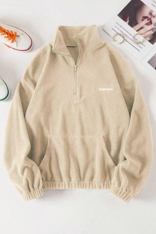 Kadın Kanguru Cepli Fermuarlı Polar Sweatshirt