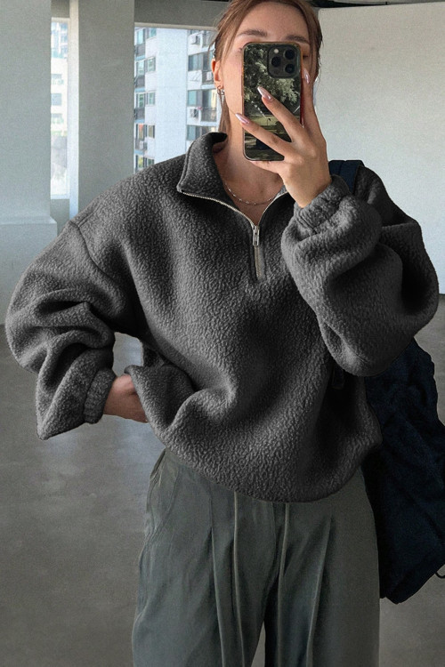 Kadın Ultra Isı Peluş Sherpa Oversize Yarım Metal Fermuar Lastik Ayarlı Polar Sweatshirt