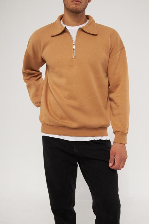Erkek Polo Yaka Oversize Yarım Fermuarlı Sweatshirt