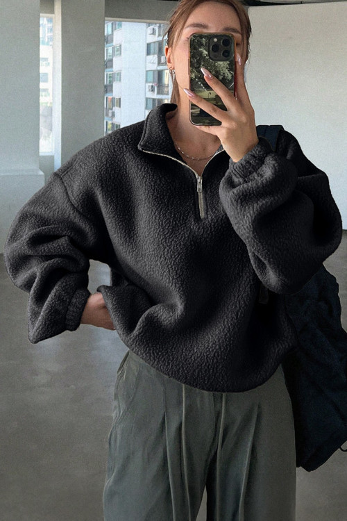 Kadın Ultra Isı Peluş Sherpa Oversize Yarım Metal Fermuar Lastik Ayarlı Polar Sweatshirt