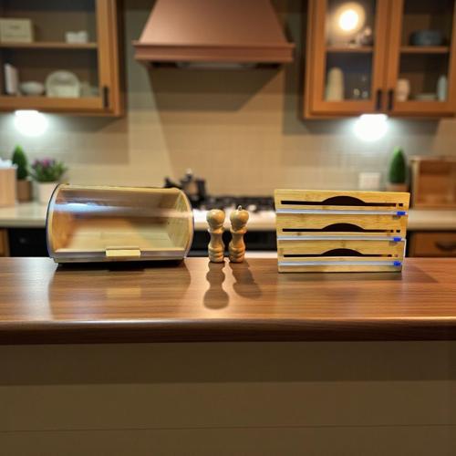 Bambu ekmeklik ekmek dolabı - streç flim folyoluk tuzluk karaberlik 4 lü set