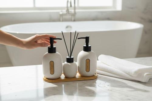 Bounies banyo seti takımı - sıvı sabunluk seti bambu altlıklı 4 parça bej