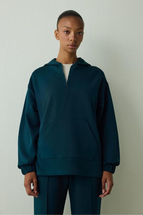 Koyu Yeşil Silky Feel Oversize Fermuarlı Sweatshirt
