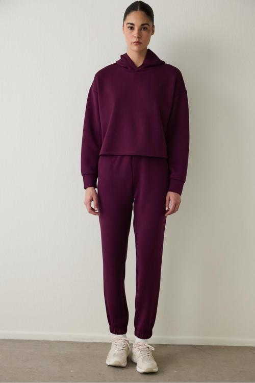 Bordo Silky Feel Kapüşonlu Slogan Baskılı Sweatshirt