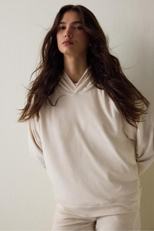 Bej Yumuşak Kadife Sıcak Tutan Termal Etkili Kapüşonlu Sweatshirt