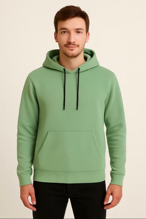 Erkek Yeşil 3 İplik şardonlu Kapüşonlu Sweatshirt-W1108