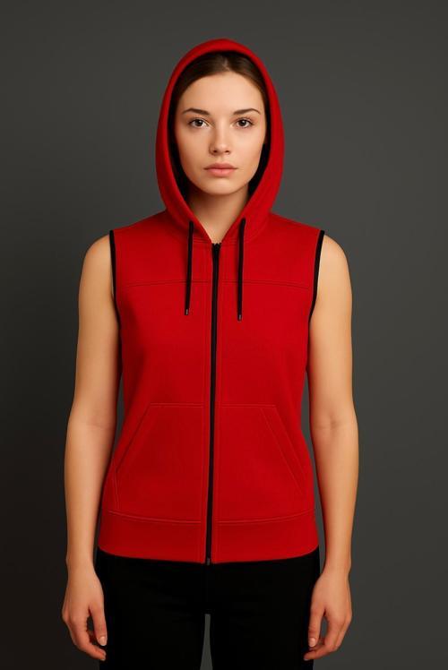 Kadın Kırmızı Fermuarlı Kapüşonlu Kanguru Cepli Kolsuz İnterlok Yelek-Y1142-K