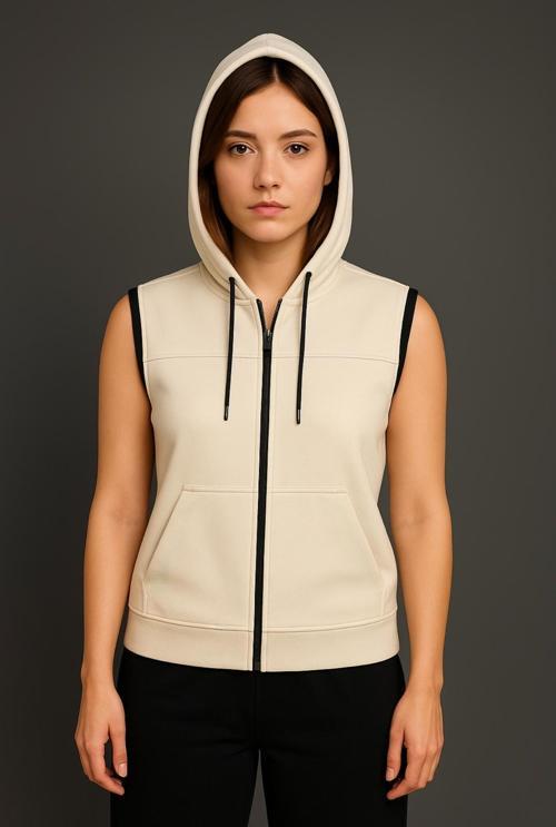 Kadın Krem Fermuarlı Kapüşonlu Kanguru Cepli Kolsuz İnterlok Yelek-Y1142-K