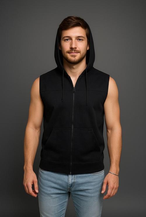 Erkek Siyah Fermuarlı Kapüşonlu Kanguru Cepli Kolsuz İnterlok Yelek-Y1142