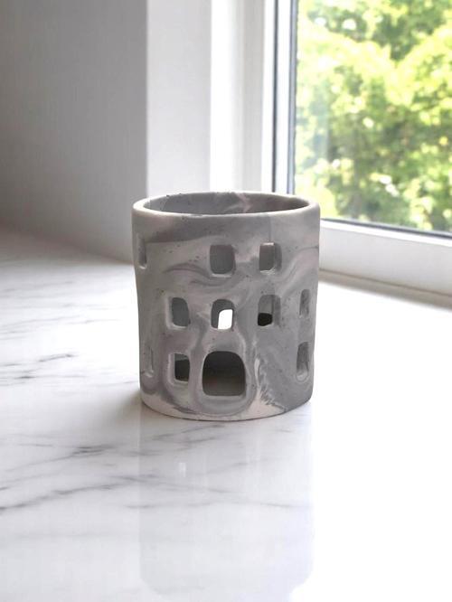 Mermer Desenli El Yapımı Beton Tealight Mumluk +4’lü MaxiTealight Kalemlik Tealightlık taş tozu