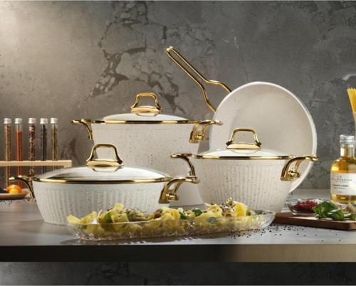 Maya 7 Parça Granit Desenli Tencere Seti Altın Kulp Beyaz