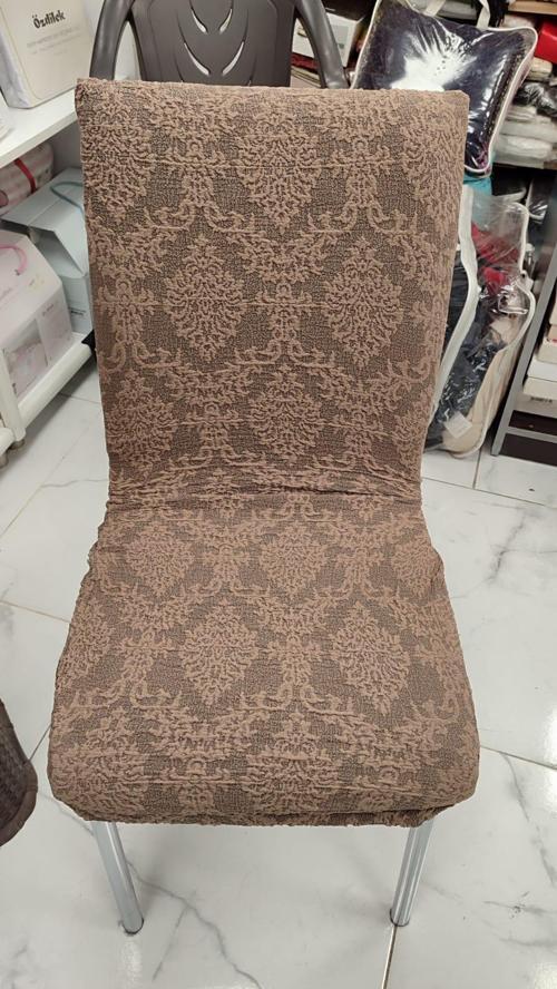 MANDAŞ 6LI SET Jakarlı Lastikli Eteksiz Sandalye Kılıfı-Şal Desen Kahve